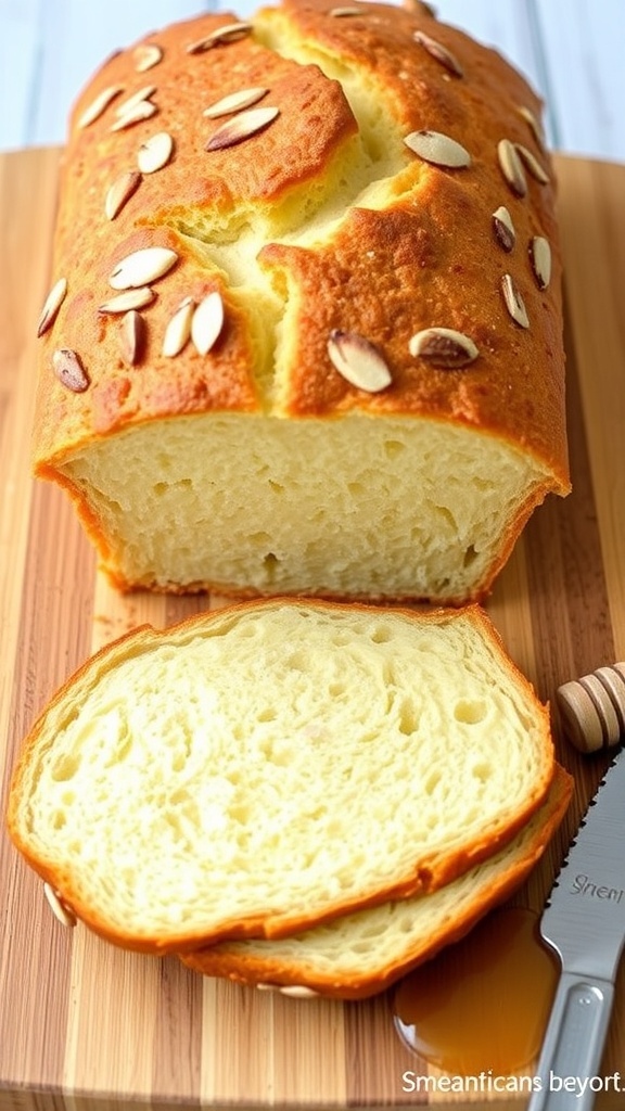 Almond Flour Yogurt Bread Recipe A loaf of almond flour yogurt bread sliced on a cutting board with honey and a knife.